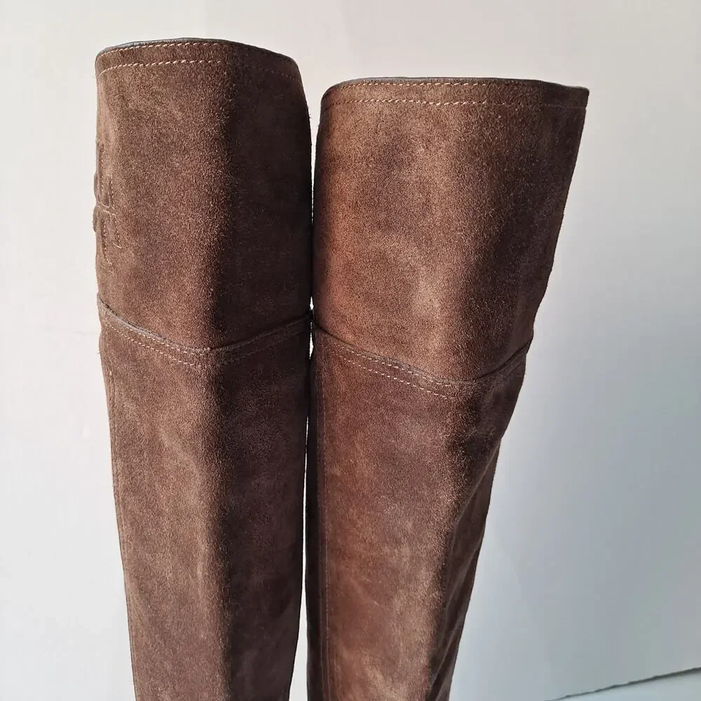 Tory Burch Brown Suede Leather Simone Over The Knee Round Toe Riding Boots Siz 6